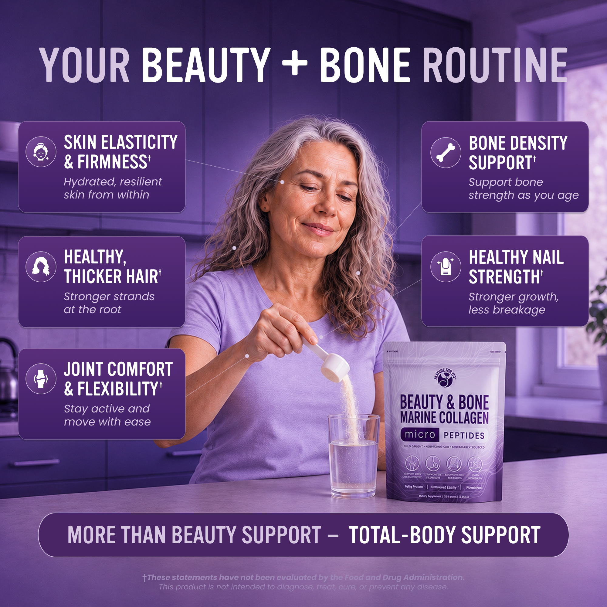 Woman stirring Beauty & Bone Marine Collagen into a glass, with skin, hair, nail, bone and joint benefits listed