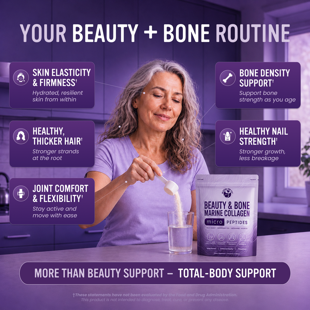 Woman stirring Beauty & Bone Marine Collagen into a glass, with skin, hair, nail, bone and joint benefits listed