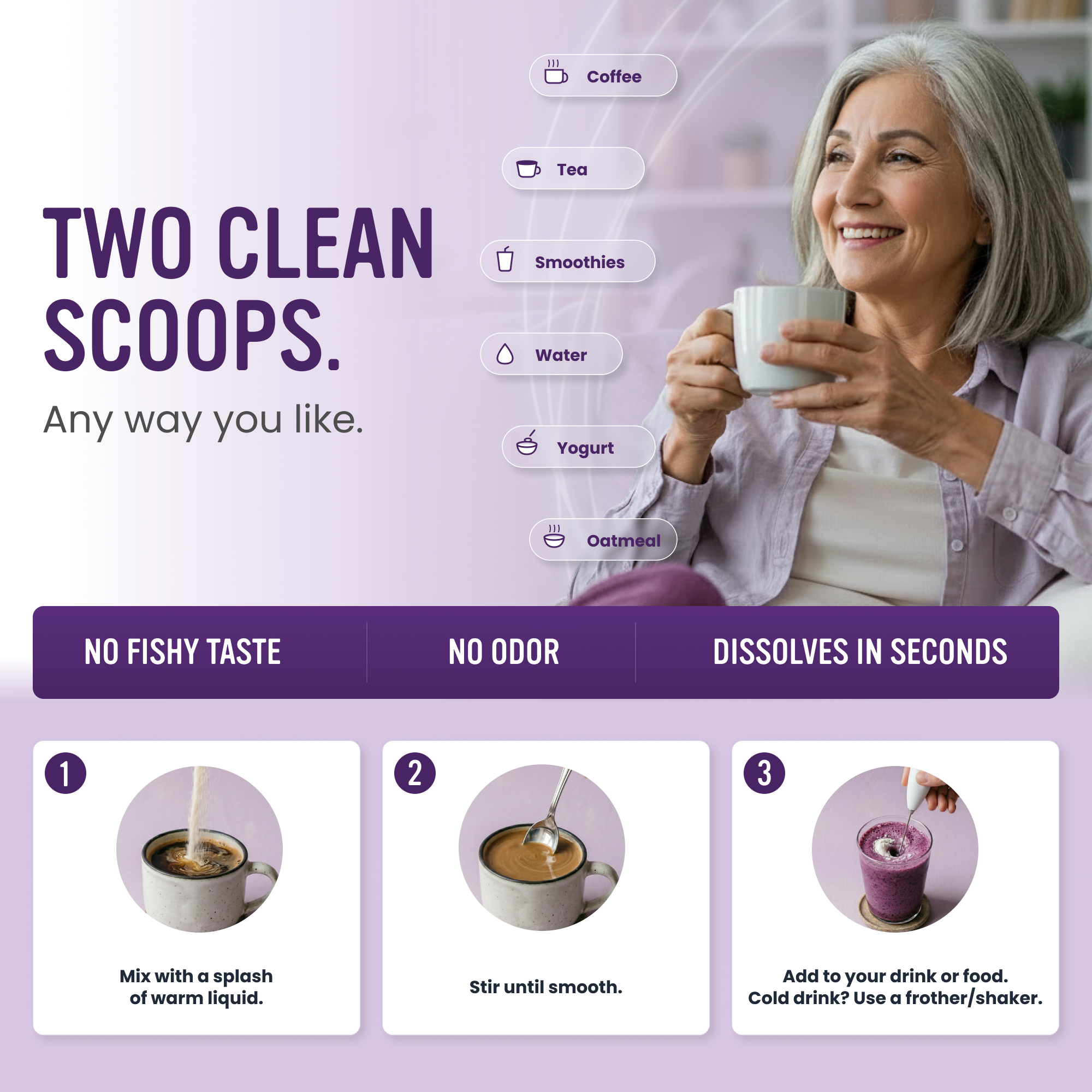 Two clean scoops: Beauty & Bone Marine Collagen has no fishy taste or odor and dissolves in seconds in coffee, smoothies or water